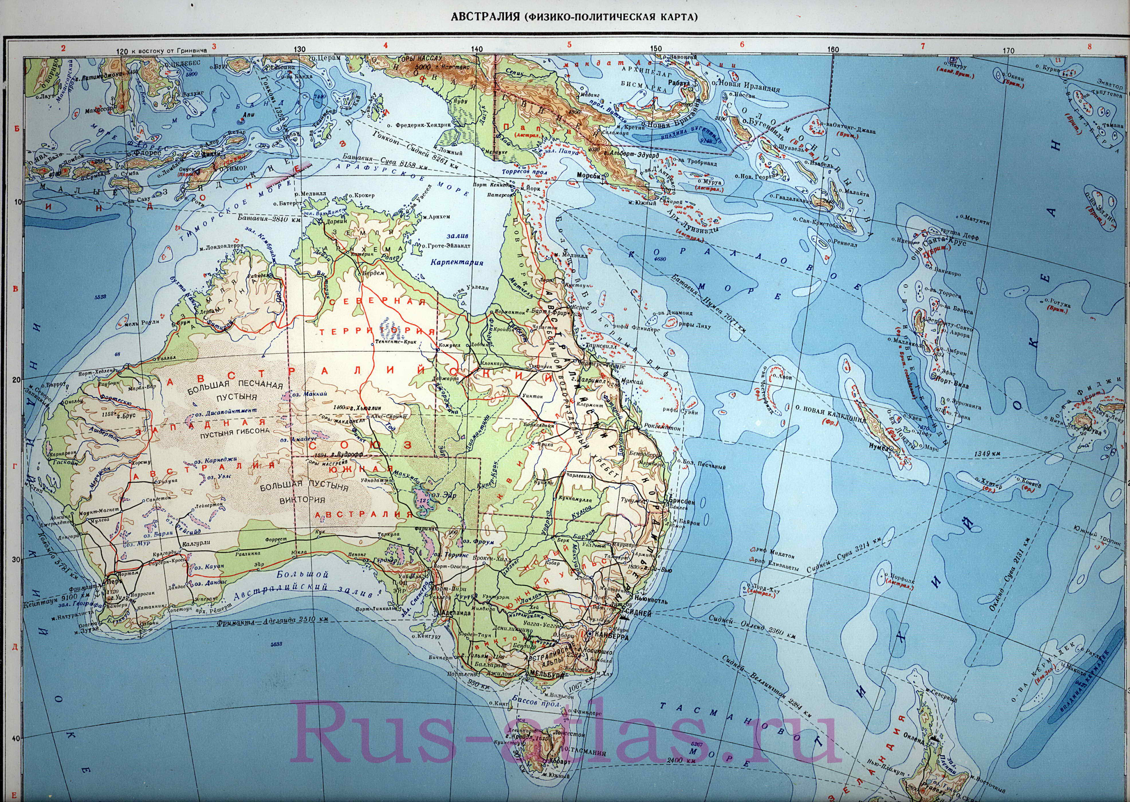 Карта Австралии. Физическая карта Австралии на русском языке, A0 - 